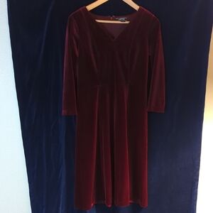 Lands' End Velvet Velour V-neck Long Sleeve Dress - Deep Burgundy